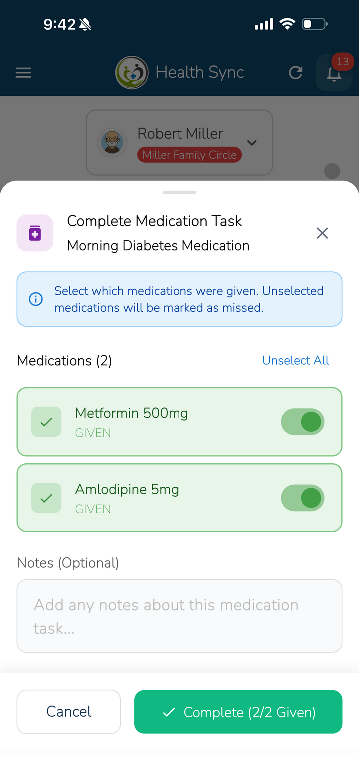 Medication task completion with dosage tracking in OneCareSync app