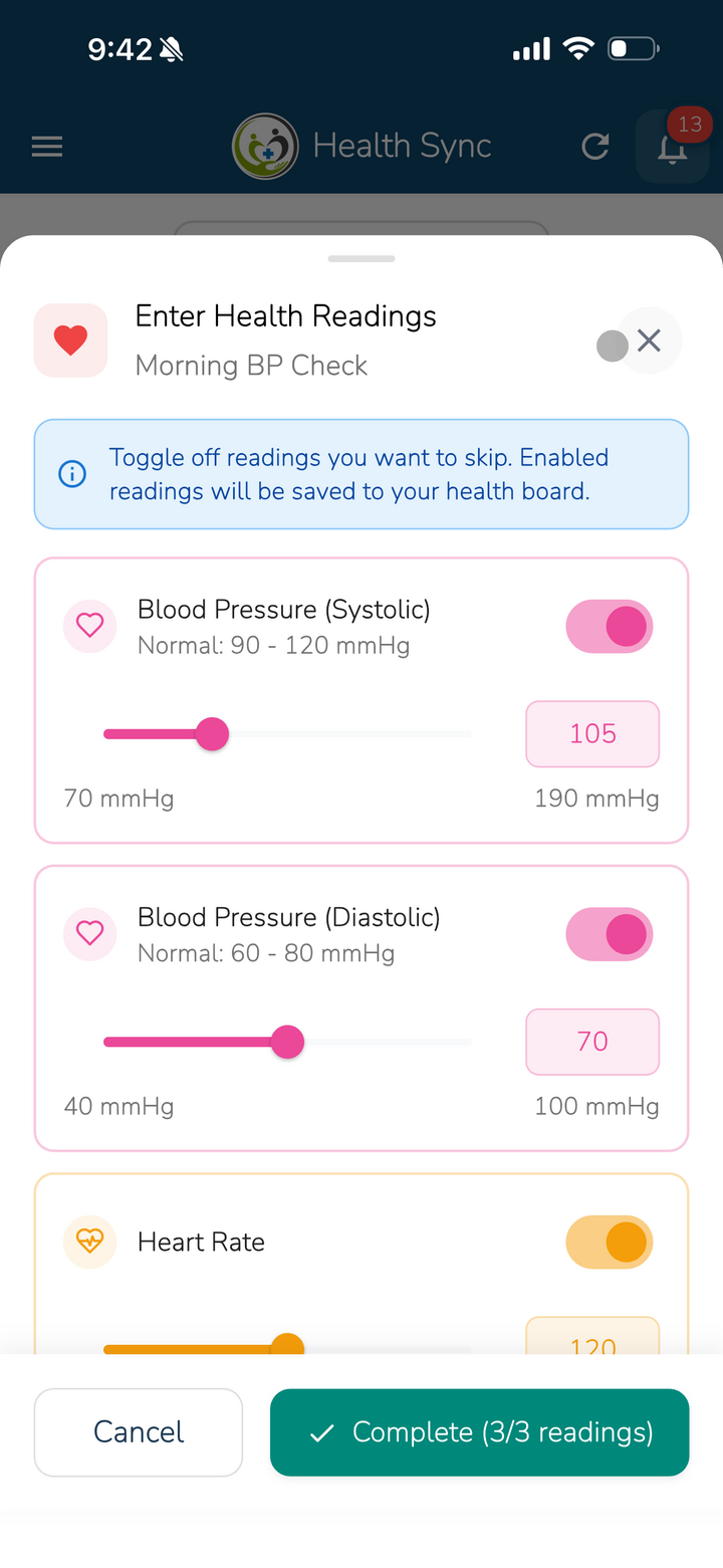 Blood pressure reading entry screen for health tracking in OneCareSync